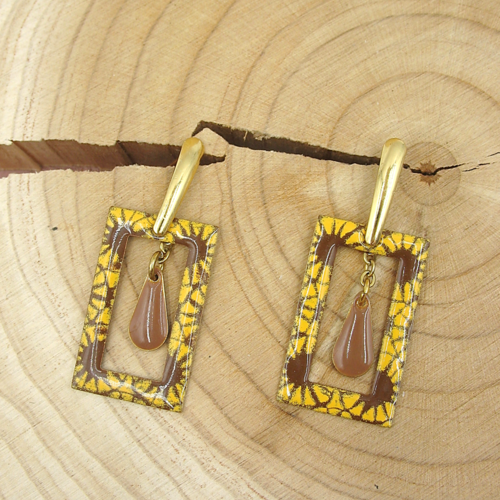 Boucles d'oreilles rectangles jaune et marron