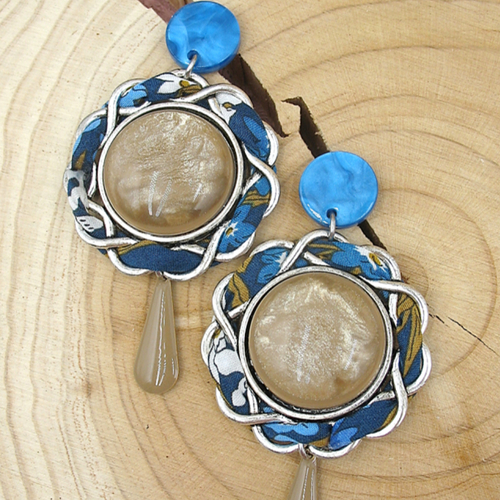 Boucles d'oreilles tissu liberty bleu et beige