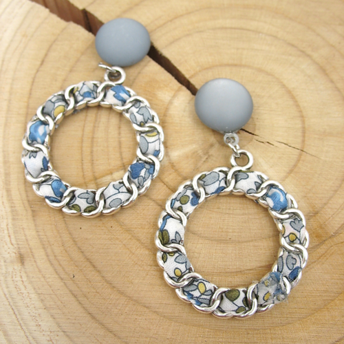 Boucles d'oreilles tissu liberty bleu  sur supports en acier inoxydable