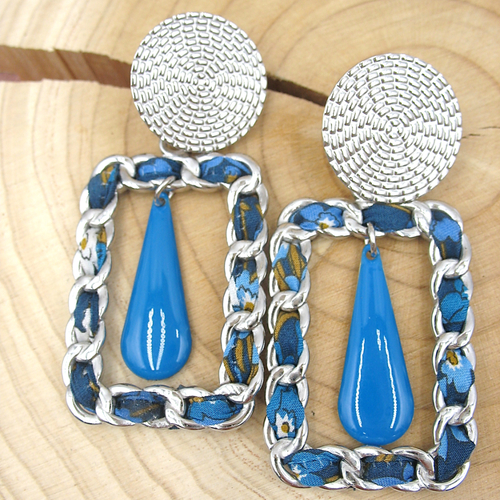 Boucles d'oreilles tissu liberty bleu et beige