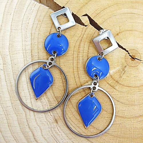 Boucles d'oreilles émaillées bleues et acier inoxydable