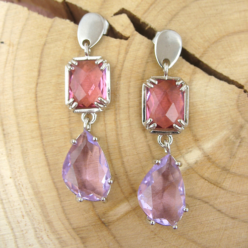 Boucles d'oreilles en verre transparent rose et lilas