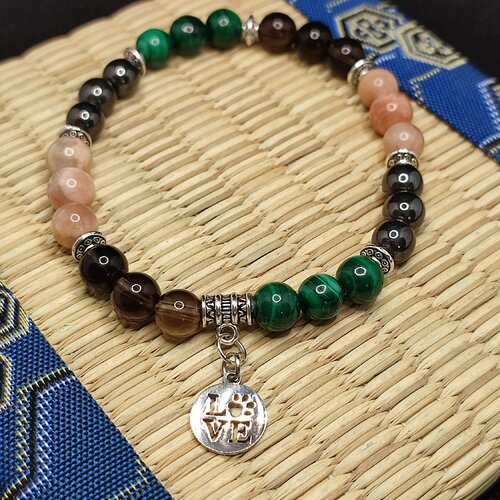Bracelet mal de dos love dog couleur argent, bracelet malachite de zambie, quartz fumé aaaaa, pierre du soleil, hématite