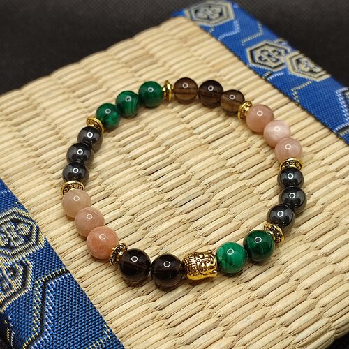 Bracelet mal de dos bouddha couleur or, malachite de zambie, quartz fumé aaaaa, pierre du soleil, hématite