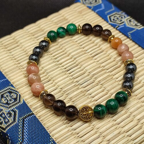 Bracelet mal de dos arbre de vie fixe couleur or, malachite de zambie, quartz fumé aaaaa, pierre du soleil, hématite