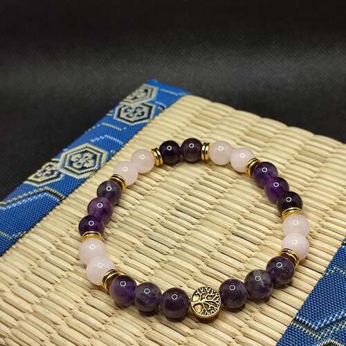 Bracelet améthyste et quartz rose arbre de vie couleur or bracelet contre les angoisses, anti stress et aide au sommeil.