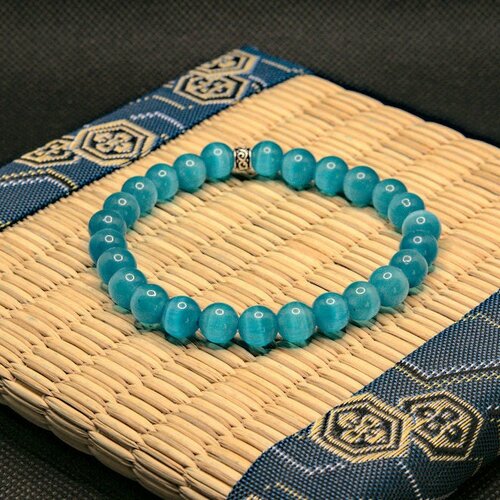 Bracelet oeil de chat bleu artisanal en perles naturelles de 8 mm, pierres semi précieuses véritables, homme , femme