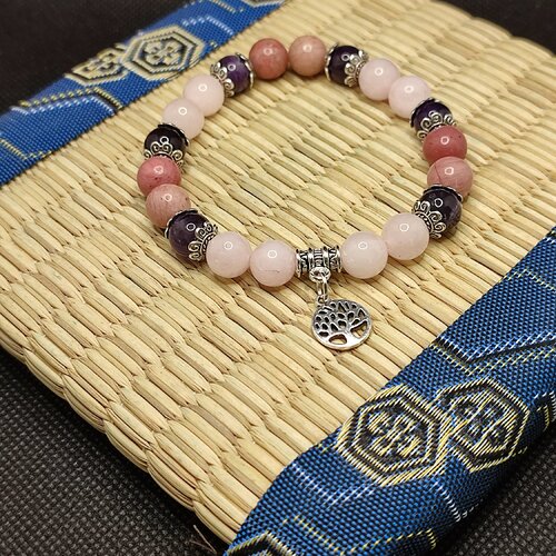 Bracelet aide à lâcher prise , bracelet en rhodonite , quartz rose , améthyste, perles 8 mm