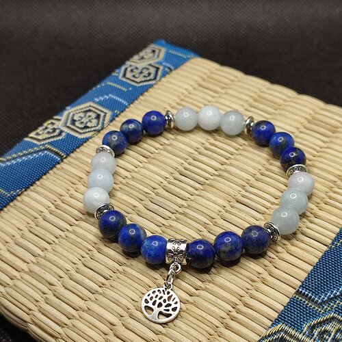 Bracelet rétention d'eau arbre de vie petit lapis lazuli et aigues marine, perles 8 mm