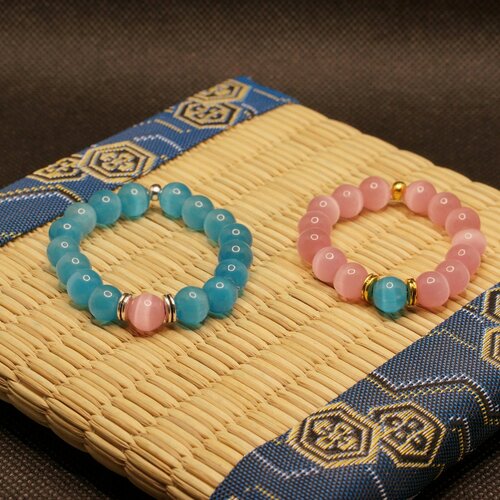 Bracelets duo enfants en perles naturelles oeil de chat de 8 mm, bracelet distance, bracelets enfants
