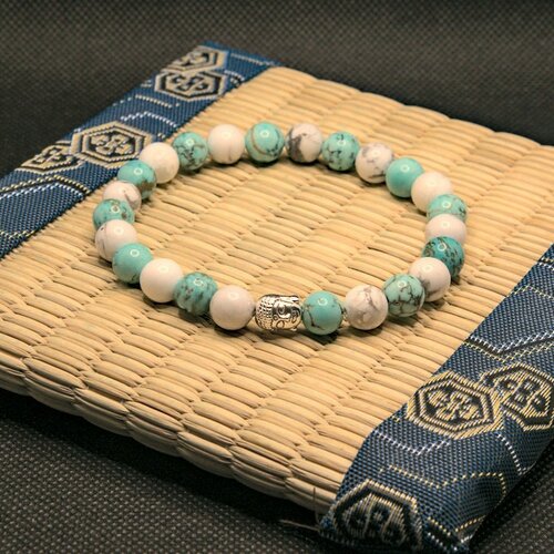 Bracelet en turquoise et howlite artisanal en perles naturelles de 8 mm, pierres semi précieuses véritables, homme , femme
