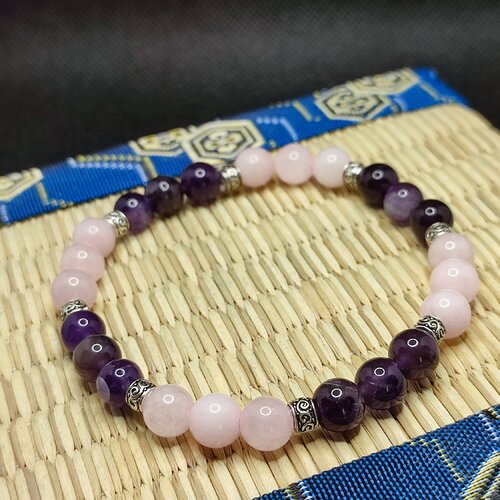Bracelet en améthyste et quartz rose, bracelet contre les angoisses, anti stress et le sommeil.