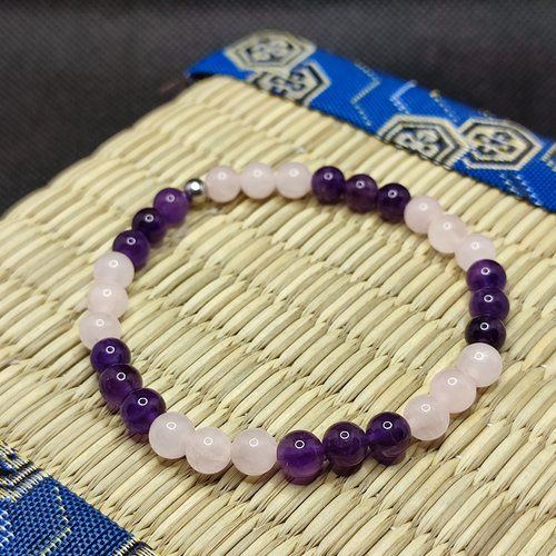 Bracelet améthyste et quartz rose contre les angoisses, le stress et aide au sommeil, modèle nature, perles 6 mm