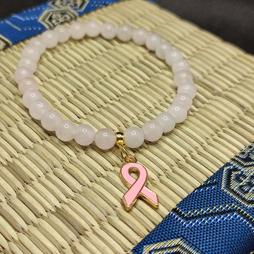 Bracelet octobre rose, bracelet quartz rose, modèle sans insert, perles 6 millimètres, logo clair