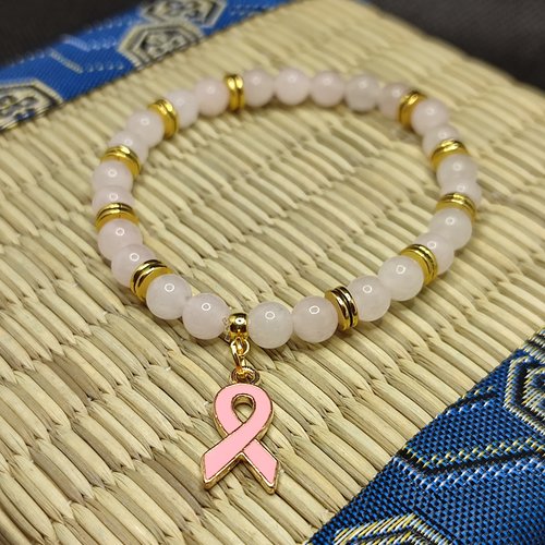 Bracelet octobre rose, bracelet quartz rose, modèle avec insert, perles 6 millimètres, logo clair