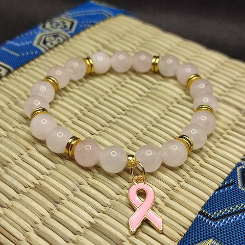 Bracelet octobre rose, bracelet quartz rose, modèle avec insert, perles 8 millimètres, logo clair