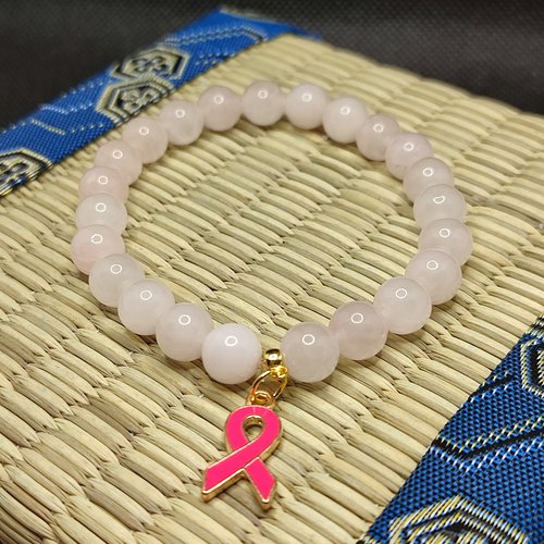 Bracelet octobre rose, bracelet quartz rose, modèle sans insert, perles 8 millimètres, logo foncé