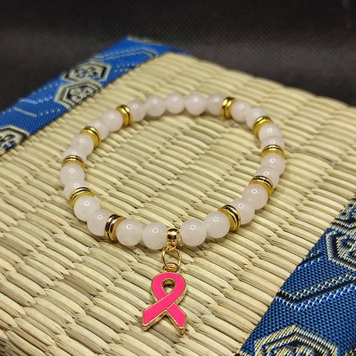 Bracelet octobre rose, bracelet quartz rose, modèle avec insert, perles 6 millimètres, logo foncé