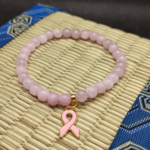 Bracelet octobre rose, bracelet en kunzite, modèle sans insert, perles 6 millimètres, logo clair