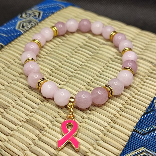 Bracelet octobre rose, bracelet en kunzite, modèle avec inserts, perles 8 millimètres, logo foncé
