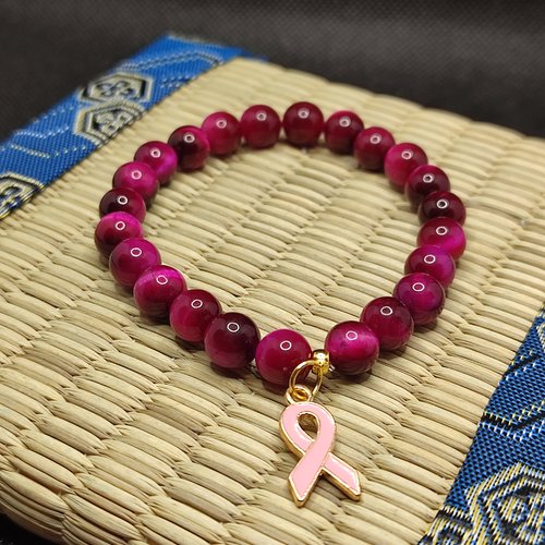 Bracelet octobre rose, bracelet oeil de tigre rose, modèle sans inserts, perles 8 millimètres qualité aaaaa, logo clair