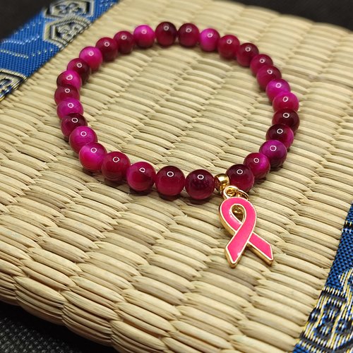 Bracelet octobre rose, bracelet oeil de tigre rose, modèle sans inserts, perles 6 millimètres qualité aaaaa, logo foncé
