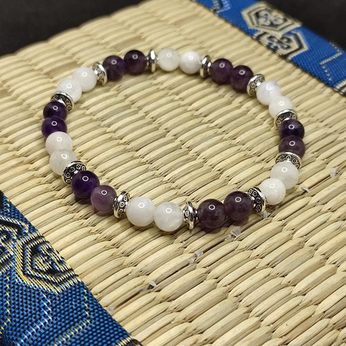 Bracelet en améthyste, pierre de lune, bracelet apaisant, pour hyper actif, modèle 2+2 perles 6 mm