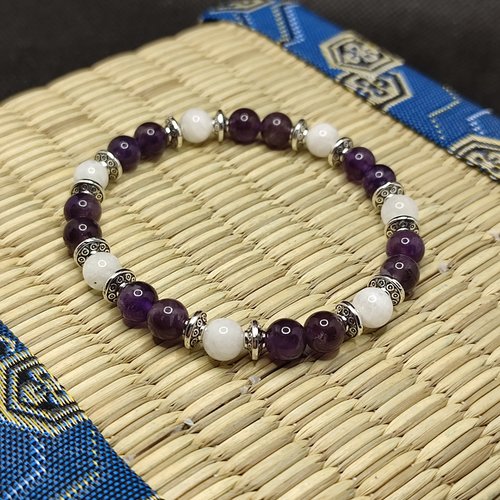 Bracelet en améthyste, pierre de lune, bracelet apaisant, pour hyper actif, modèle 2+1 perles 6 mm