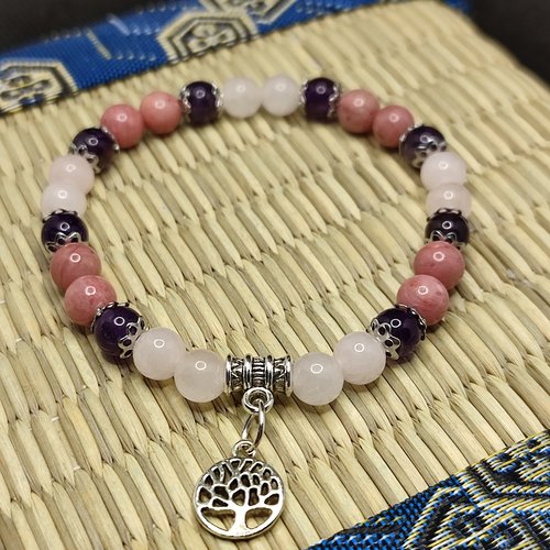 Bracelet aide à lâcher prise , bracelet en rhodonite , quartz rose , améthyste, perles 6 mm
