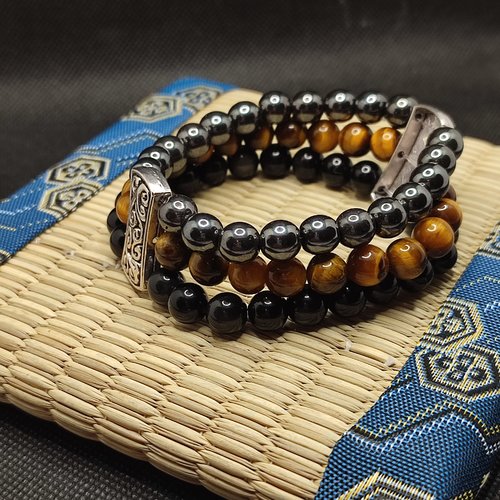 Bracelet œil de tigre jaune et obsidienne noire, bracelet chance, bracelet protection