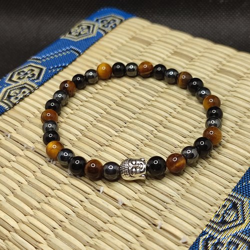 Bracelet œil de tigre jaune et obsidienne noire, bracelet chance, bracelet protection, perles 6 mm, bouddha