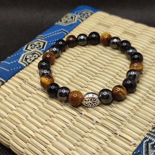 Bracelet œil de tigre jaune et obsidienne noire, bracelet chance, bracelet protection, perles 8 mm, arbre vie