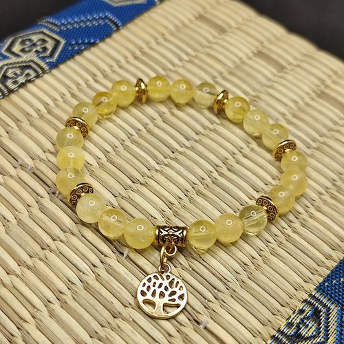Bracelet en citrine , bracelet aide à la digestion, perles 6 mm, arbre vie pendentif