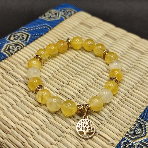 Bracelet en citrine , bracelet aide à la digestion, perles 8 mm, arbre vie pendentif
