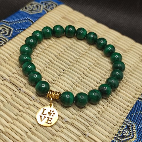 Bracelet en malachite de zambie, artisanal en perles naturelles de 8 mm, bracelet anti douleur, love dog
