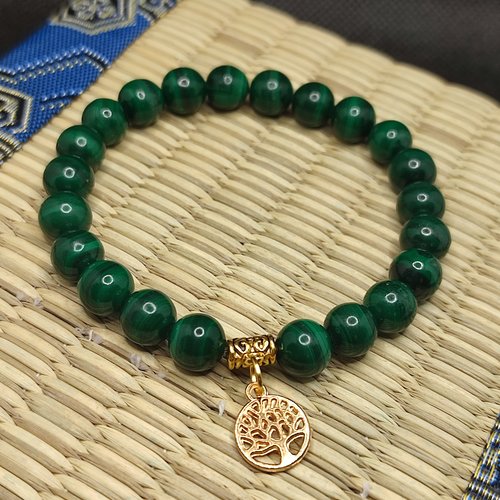 Bracelet en malachite de zambie, artisanal en perles naturelles de 8 mm, bracelet anti douleur, arbre vie pend