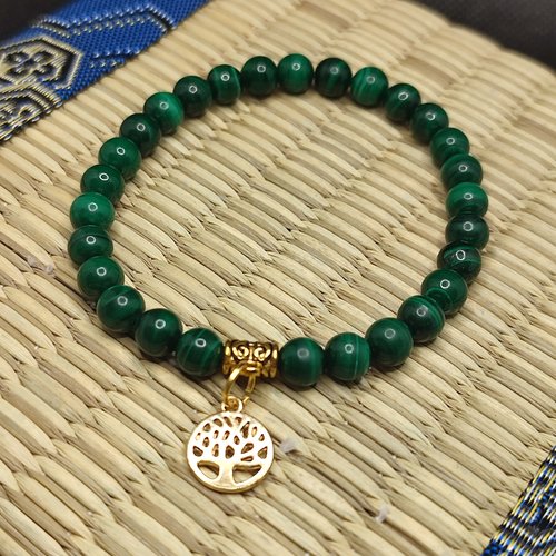 Bracelet en malachite de zambie, artisanal en perles naturelles de 6 mm, bracelet anti douleur, arbre vie pend