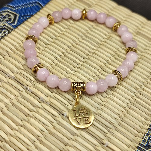 Bracelet en perles de kunzite, gestion du stress et aide au sommeil, love dog, perles 6 mm
