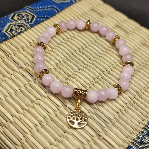 Bracelet en perles de kunzite, gestion du stress et aide au sommeil, arbre de vie pendentif, perles 6 mm