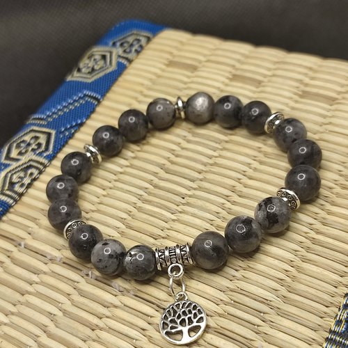 Bracelet en larvikite, bracelet contre l' hyper tension, aide à arrêter de fumer, pendentif arbre de vie, perles 8 mm