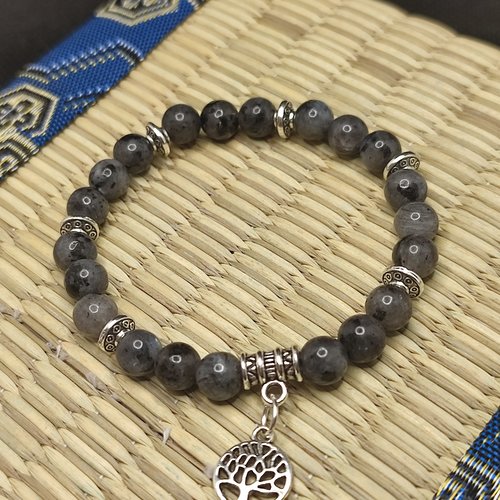 Bracelet en larvikite, bracelet contre l' hyper tension, aide à arrêter de fumer, pendentif arbre de vie, perles 6 mm