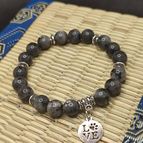 Bracelet en larvikite, bracelet contre l' hyper tension, aide à arrêter de fumer, pendentif love dog, perles 8 mm