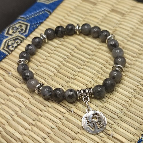 Bracelet en larvikite, bracelet contre l' hyper tension, aide à arrêter de fumer, pendentif love dog, perles 6 mm