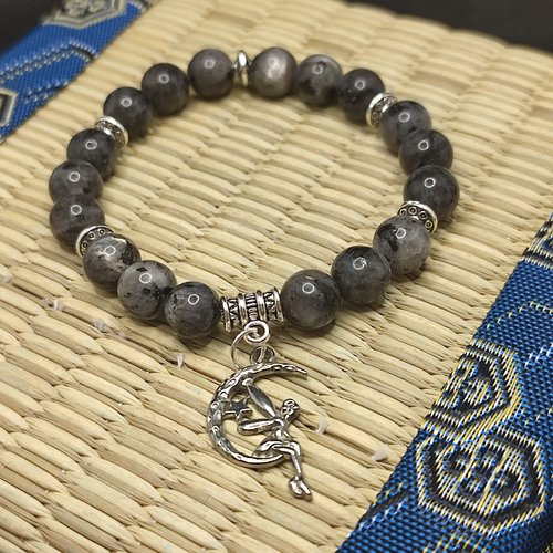 Bracelet en larvikite, bracelet contre l' hyper tension, aide à arrêter de fumer, pendentif fée, perles 8 mm