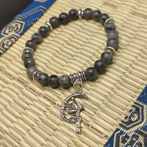 Bracelet en larvikite, bracelet contre l' hyper tension, aide à arrêter de fumer, pendentif fée, perles 6 mm