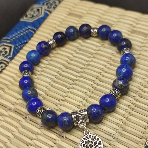 Bracelet lapis lazuli d' afghanistan, pendentif arbre de vie, perles de 8 mm bracelet anti stress