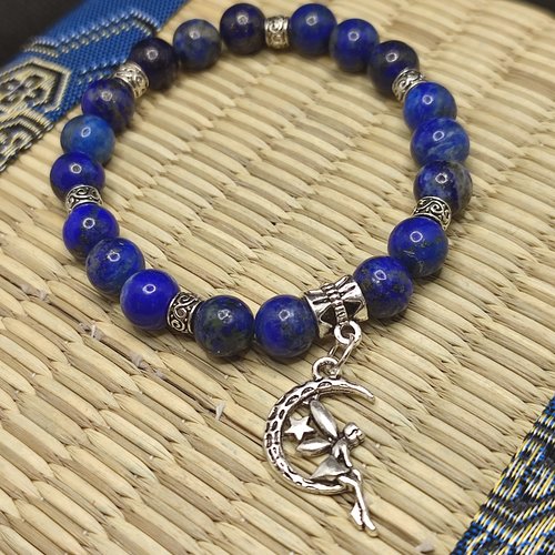 Bracelet lapis lazuli d' afghanistan, pendentif fée, perles de 8 mm bracelet anti stress