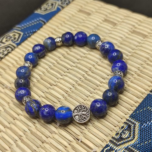 Bracelet lapis lazuli d' afghanistan, arbre de vie fixe, perles de 8 mm bracelet anti stress