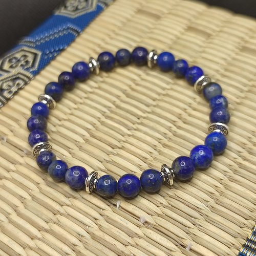Bracelet lapis lazuli d' afghanistan, inserts tibet, perles de 6 mm bracelet anti stress