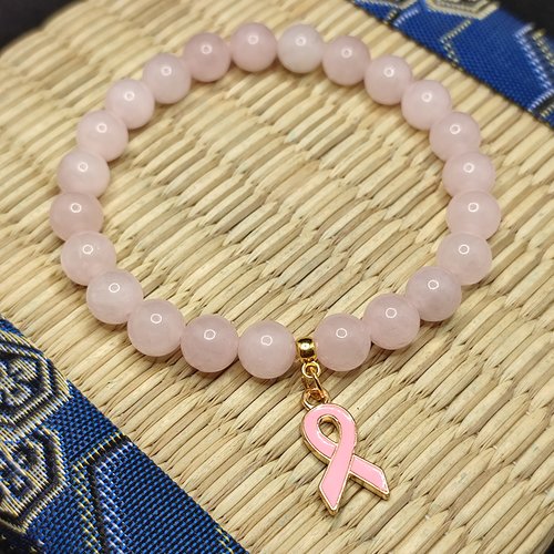 Bracelet octobre rose, bracelet quartz rose, modèle sans insert, perles 8 millimètres, logo clair